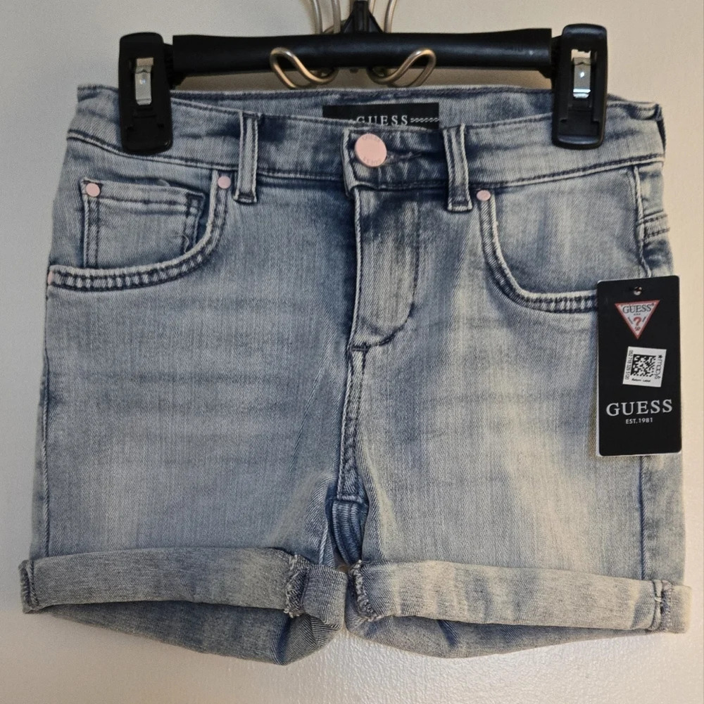 GUESS Girls' Big Rhinestone Logo Stretch Denim Shorts